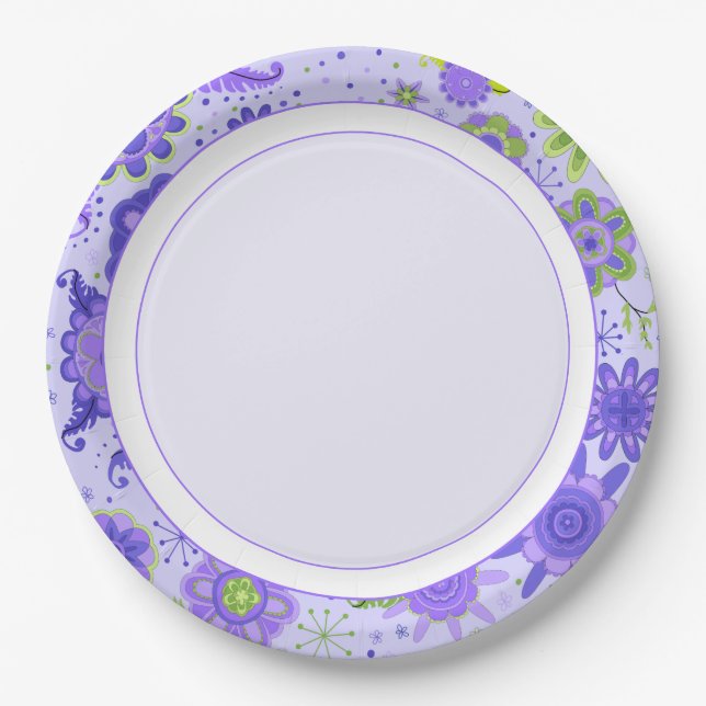 Pretty Purple Theme Retro Flowers Floral Pattern Paper Plates (Front)