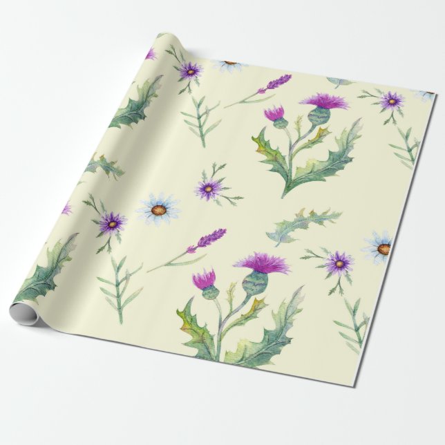 Pretty purple thistle flowers, yellow background wrapping paper (Unrolled)