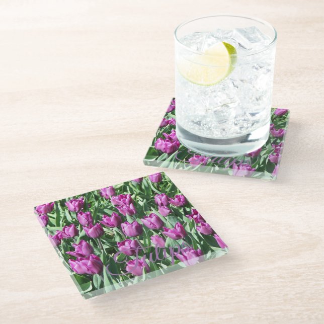 Pretty Purple Tulips Floral Glass Coaster (Angled)
