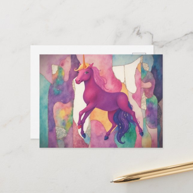 Pretty Purple Unicorn Postcard (Front/Back In Situ)