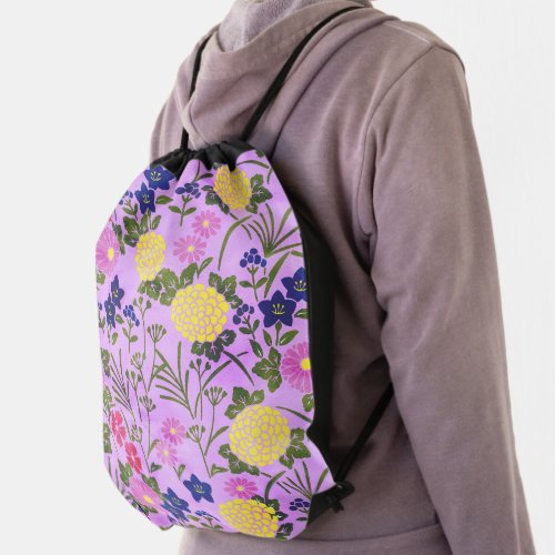 Pretty Purple Vintage Flower Pattern Drawstring Bag