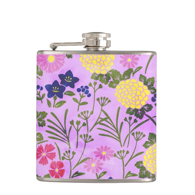 Pretty Purple Vintage Flower Pattern Flask (Front)