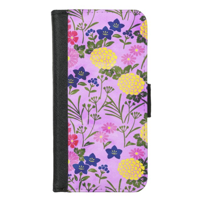 Pretty Purple Vintage Flower Pattern iPhone Wallet Case (Front)