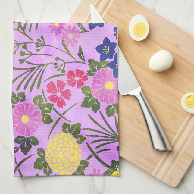 Pretty Purple Vintage Flower Pattern Kitchen Towel (Quarter Fold)