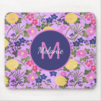 Pretty Purple Vintage Flower Pattern Monogram Mouse Pad