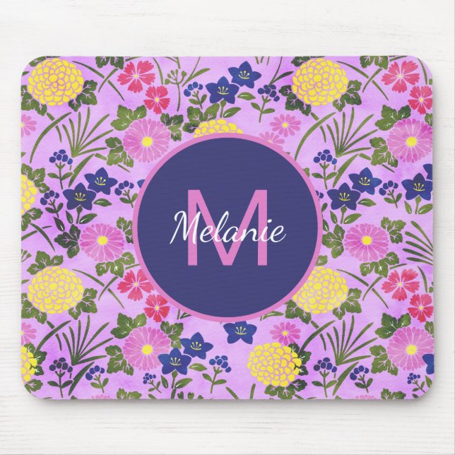 Pretty Purple Vintage Flower Pattern Monogram Mouse Pad (Front)
