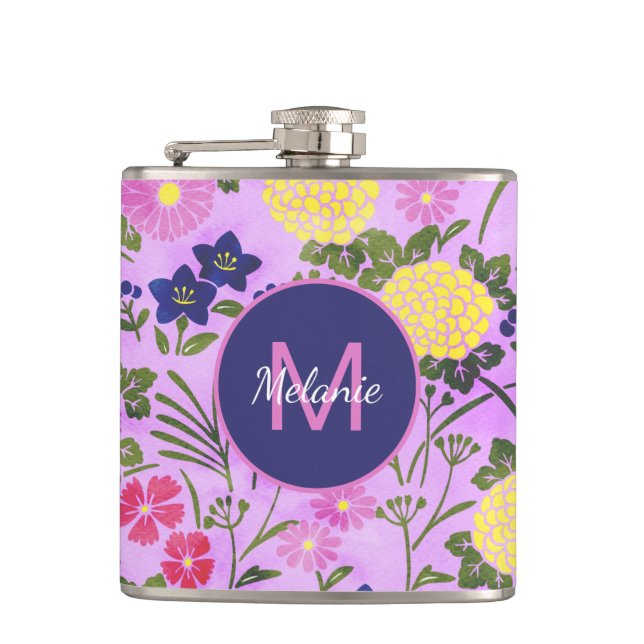 Pretty Purple Vintage Flower Pattern Personalised Flask (Front)
