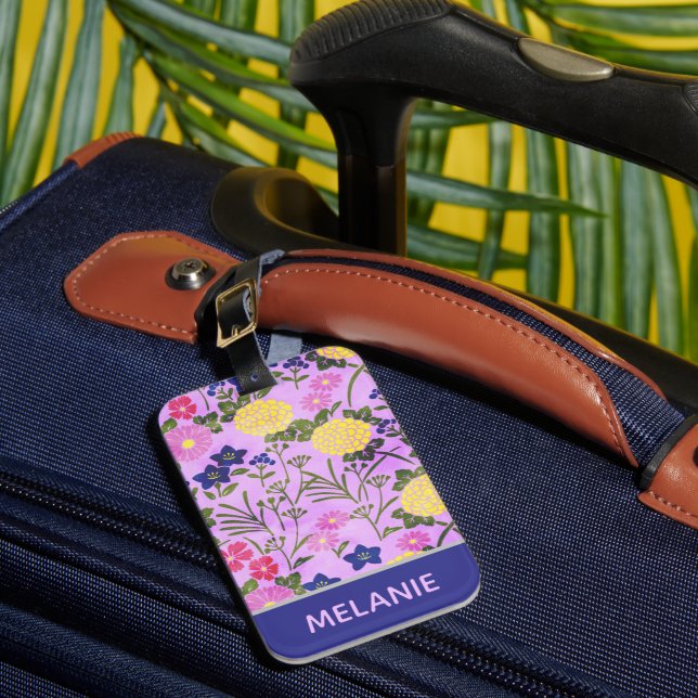 Pretty Purple Vintage Flower Pattern Personalised Luggage Tag (Front Insitu 1)