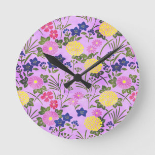 Pretty Purple Vintage Flower Pattern Round Clock