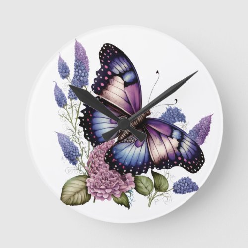 PRETTY PURPLE WATERCOLOR BUTTERFLIES AND FLOWERS ROUND CLOCK