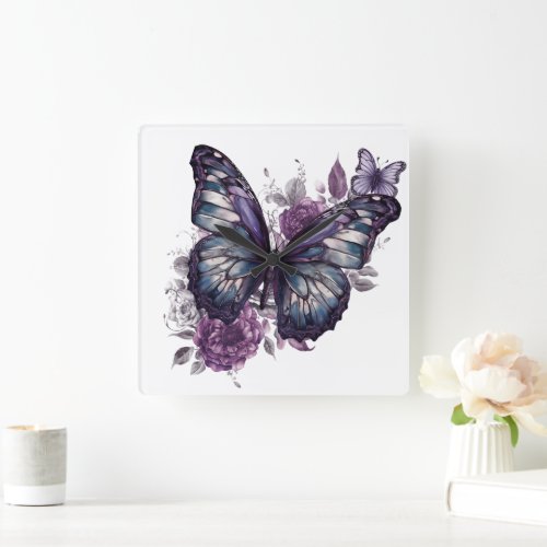 PRETTY PURPLE WATERCOLOR BUTTERFLIES AND FLOWERS SQUARE WALL CLOCK