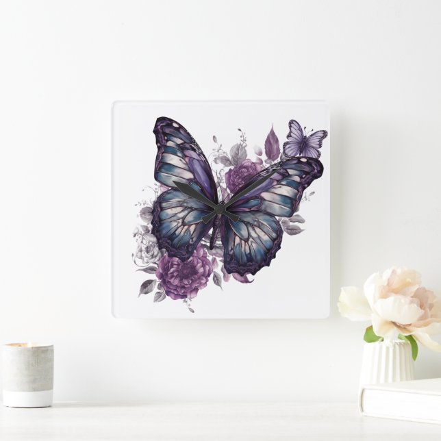 PRETTY PURPLE WATERCOLOR BUTTERFLIES AND FLOWERS SQUARE WALL CLOCK (Home)