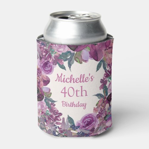 Pretty Purple Watercolor Floral 40th Birthday Can Cooler