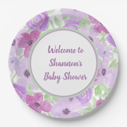 Pretty Purple Watercolor Floral Baby Shower Paper Plates