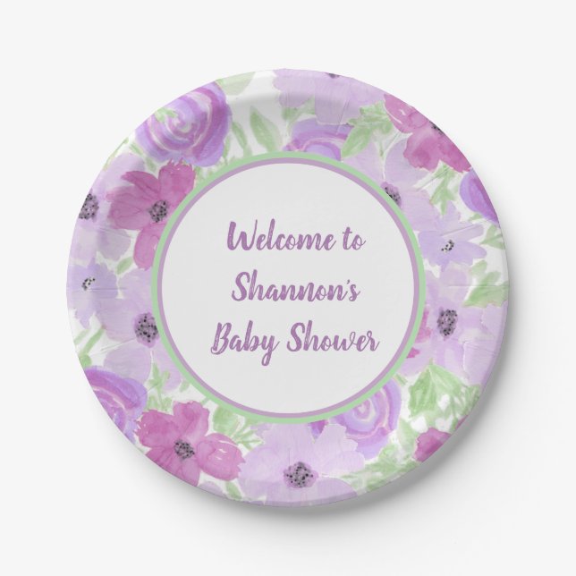 Pretty Purple Watercolor Floral Baby Shower Paper Plates (Front)