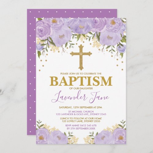Pretty Purple Watercolor Floral Girl Baptism Invitation