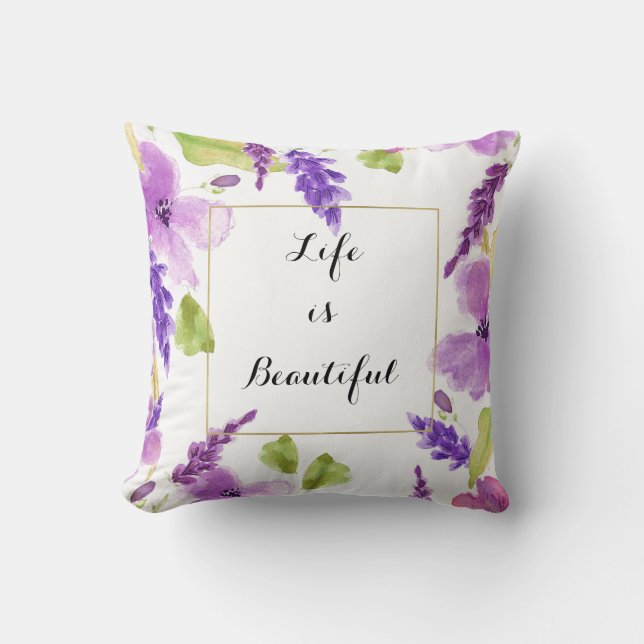Pretty Purple Watercolor Floral Throw Pillow (Front)