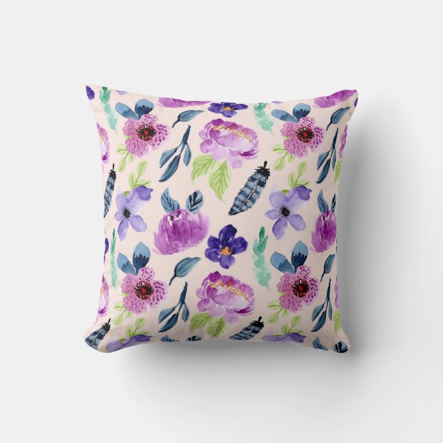 Pretty Purple Watercolor Floral Throw Pillow (Front)