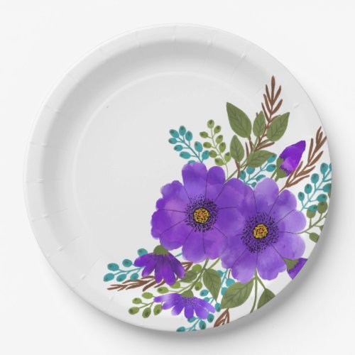 Pretty Purple Watercolor Flowers Paper Plates