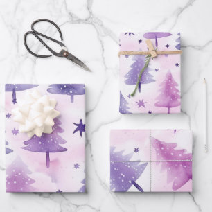 Pretty Purple Watercolour Tree Pattern Wrapping Paper Sheets