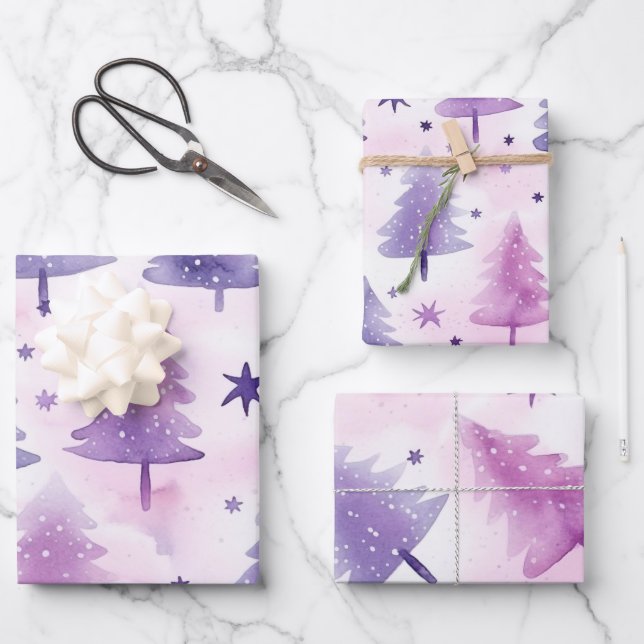 Pretty Purple Watercolour Tree Pattern Wrapping Paper Sheets (Front)