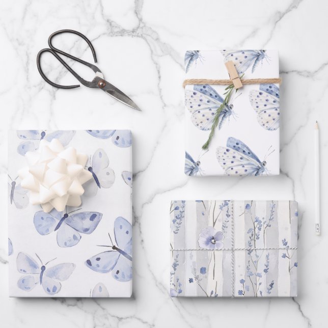Pretty Purple White Butterflies Birthday Wrapping Paper Sheets (Front)