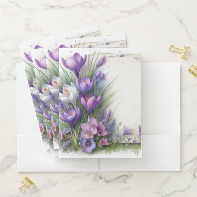 PRETTY PURPLE & WHITE CROCUS FLOWERS POCKET FOLDER (In Situ)