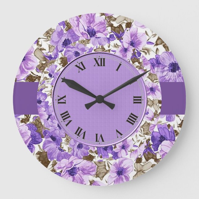 Pretty Purple & White Floral Wall Clock 3 (Front)