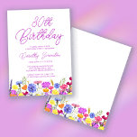 Pretty Purple Wildflower Adult 30th Birthday Invitation<br><div class="desc">A pretty wildflower border decorates the bottom of this adult 30th birthday invitation. Purple, blue, yellow and orange flowers create a colorful and happy design to celebrate this milestone birthday. Modern and simple purple calligraphy adds a trendy touch to keep it fresh. The open and carefree lettering flow coordinates perfectly...</div>