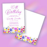 Pretty Purple Wildflower Adult 40th Birthday Invitation<br><div class="desc">A pretty wildflower border decorates the bottom of this adult 40th birthday invitation. Purple, blue, yellow and orange flowers create a colorful and happy design to celebrate this milestone birthday. Modern and simple purple calligraphy adds a trendy touch to keep it fresh. The open and carefree lettering flow coordinates perfectly...</div>