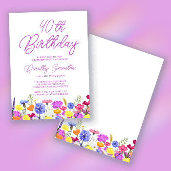 Pretty Purple Wildflower Adult 40th Birthday Invitation by Celebrais at Zazzle