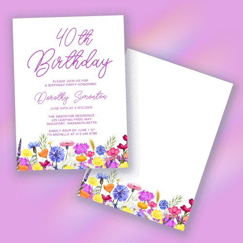 Pretty Purple Wildflower Adult 40th Birthday Invitation