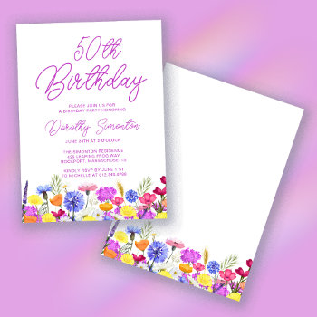 Pretty Purple Wildflower Adult 50th Birthday Invitation by Celebrais at Zazzle