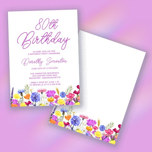 Pretty Purple Wildflower Adult 80th Birthday Invitation