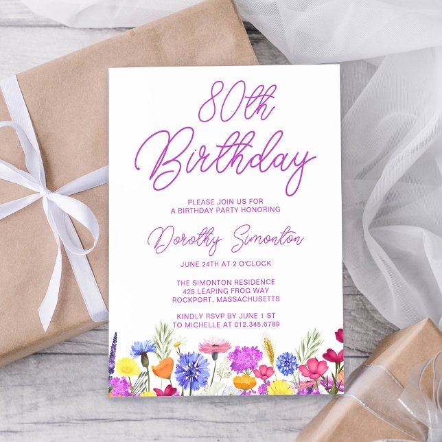 Pretty Purple Wildflower Adult 80th Birthday Invitation (Creator Uploaded)