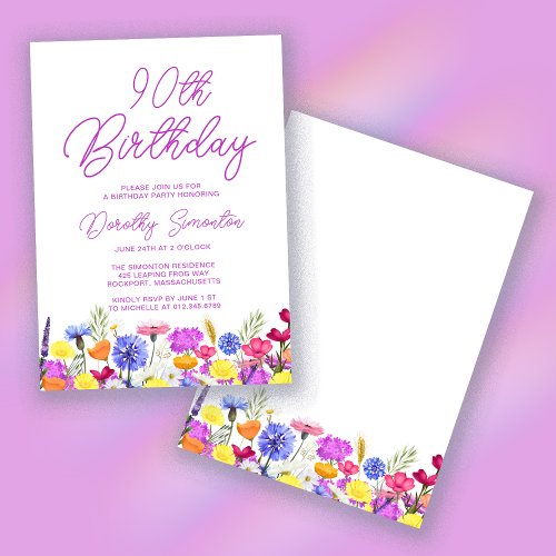 Pretty Purple Wildflower Adult 90th Birthday Invitation