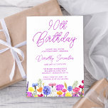 Pretty Purple Wildflower Adult 90th Birthday Invitation<br><div class="desc">A pretty wildflower border decorates the bottom of this adult 90th birthday invitation. Purple, blue, yellow and orange flowers create a colorful and happy design to celebrate this milestone birthday. Modern and simple purple calligraphy adds a trendy touch to keep it fresh. The open and carefree lettering flow coordinates perfectly...</div>