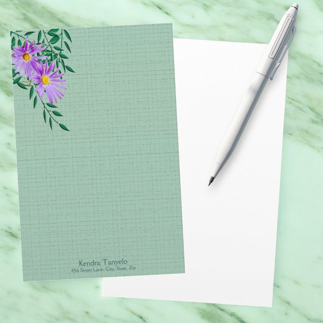 Pretty Purple Wildflower Photograph Corner Custom Stationery (stationery front with template text and design with solid white back. )