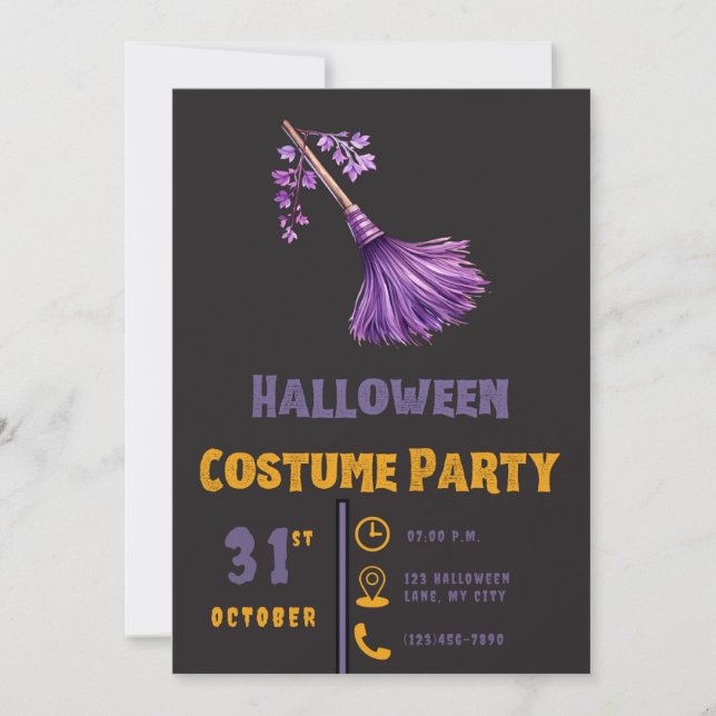 Pretty Purple Witches Broomstick Black Halloween Invitation (Front)