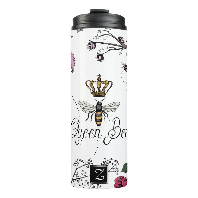 Pretty Queen Bee & Royal Crown Floral Monogram Thermal Tumbler (Front)