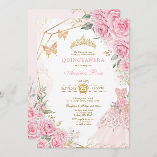 Pretty Quinceaera Pink Gold Roses Quince Princess Invitation