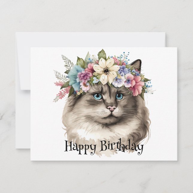 Pretty Ragdoll Cat Floral Personalized Birthday Card (Front)
