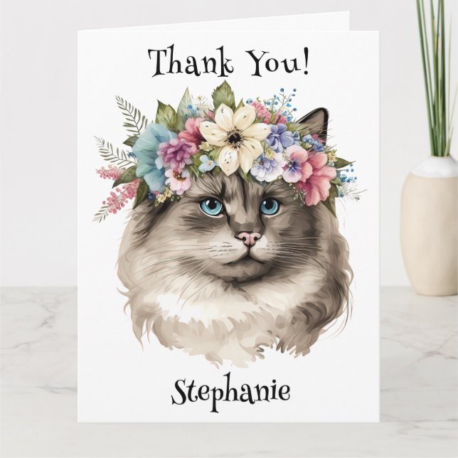 Pretty Ragdoll Cat Floral Personalized Thank You Card (Front)