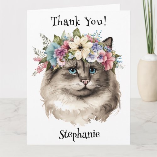 Pretty Ragdoll Cat Floral Personalized Thank You Card