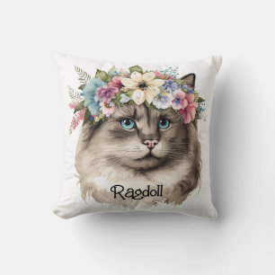 Pretty Ragdoll Cat Floral Personalized Throw Pillow