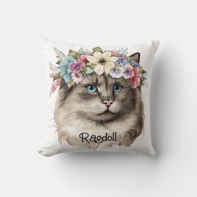 Pretty Ragdoll Cat Floral Personalized Throw Pillow (Front)