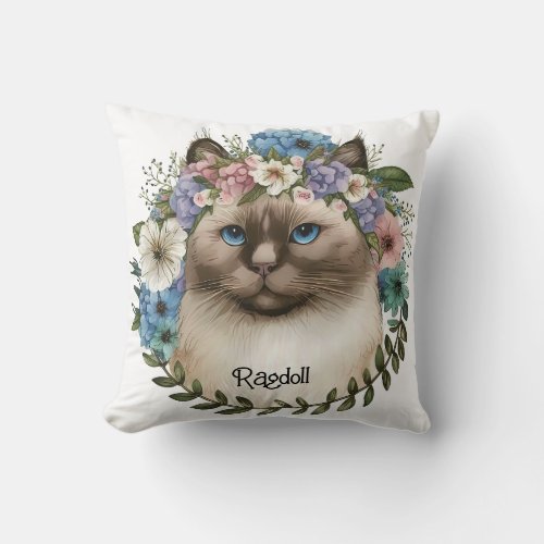 Pretty Ragdoll Cat Floral Personalized Throw Pillow