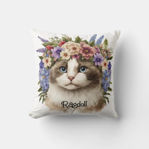 Pretty Ragdoll Cat Floral Personalized Throw Pillow