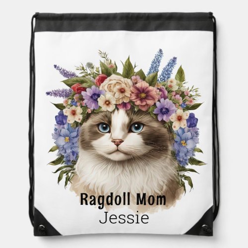 Pretty Ragdoll Mom Cat Floral Personalized Drawstring Bag