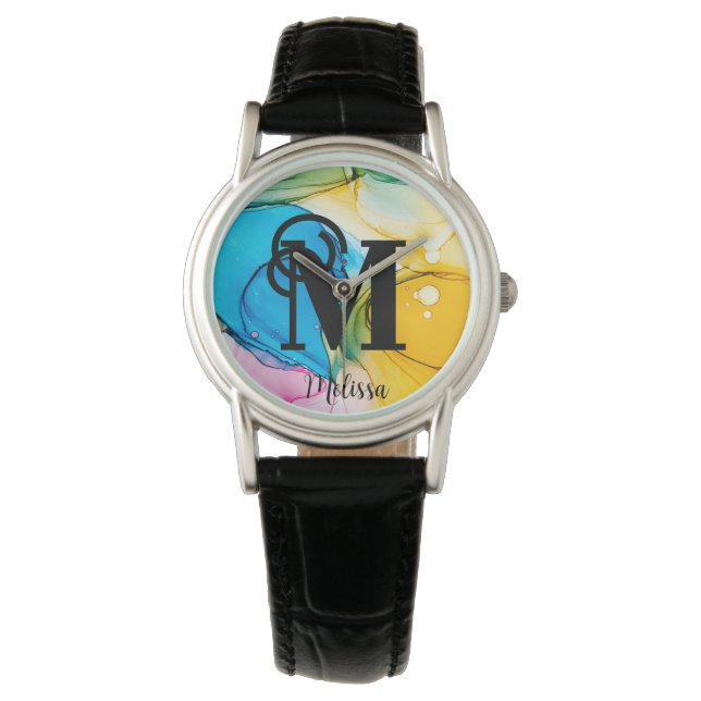 Pretty Rainbow alcohol Ink Monogram Name Watch (Front)